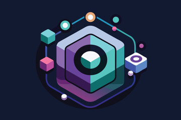 Naklejka premium Abstract isometric illustration with gradient colors showcasing data flow and connections on a dark background