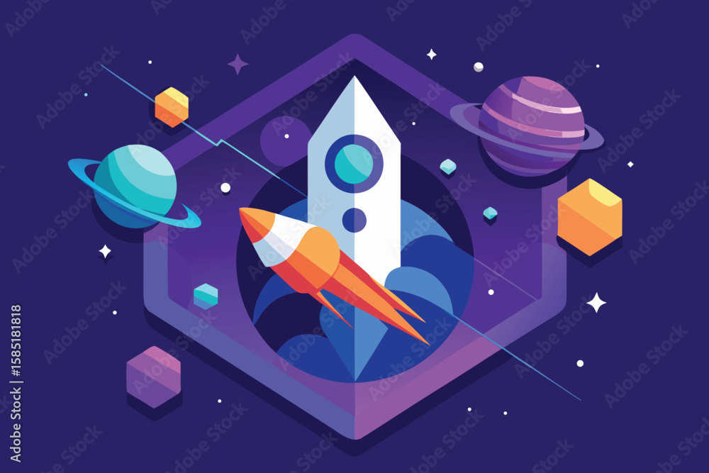 Poster abstract vector illustration of a rocket ship in space with planets and geometric shapes in a vibran