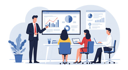 Obraz premium A modern vector illustration of a diverse team collaborating in a business meeting. A presenter discusses an organizational chart on a whiteboard.