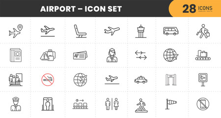  Modern Airport Icon Set – 28 Minimal Line Icons for Travel, Airplane, Security, Passport Control, Luggage, Flight, Navigation, Departure, Arrival, Taxi Service, and Airline Staff – Editable Vector 