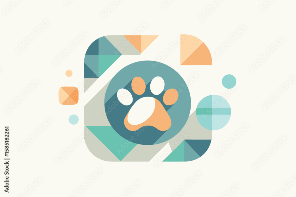 Poster colorful abstract composition featuring a paw print symbol within decorative geometric shapes and el