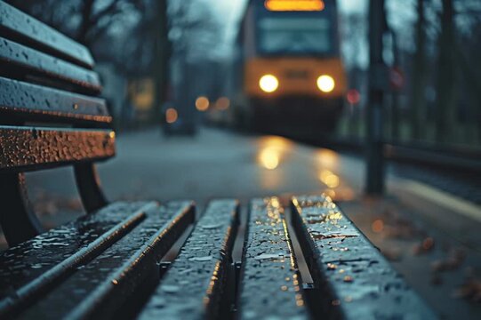 Wet wooden bench glistens under soft light as a train pulls in. The scene captures stillness before movement on a quiet, rainy morning.

