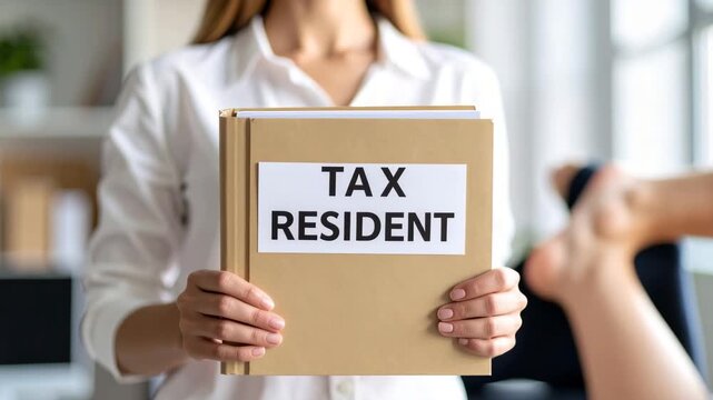 Tax resident document held by person in office folder showing paper implications for resident status and financial planning