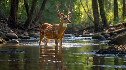 A young axis deer cautiously crosses a shallow stream winding through dense woodland
