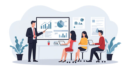 A modern vector illustration of a diverse team collaborating in a business meeting. A presenter discusses an organizational chart on a whiteboard.