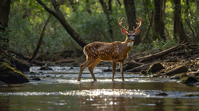 A young axis deer cautiously crosses a shallow stream winding through dense woodland