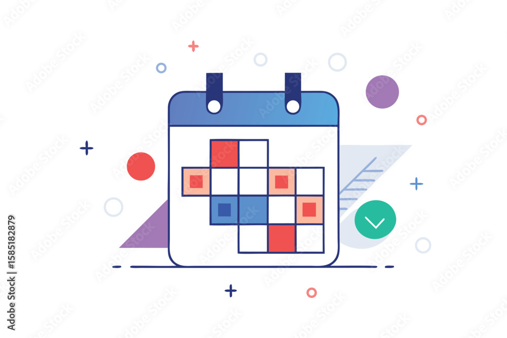 Poster colorful minimalist calendar illustration with geometric shapes representing planning and scheduling