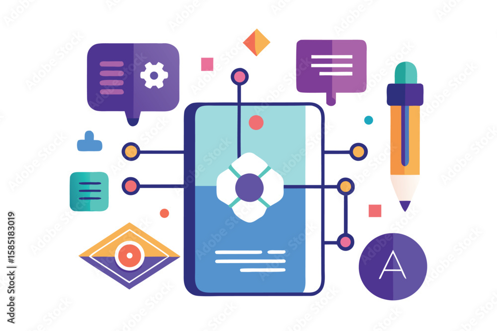 Poster conceptual design and data visualization illustrating digital communication and creative process ele