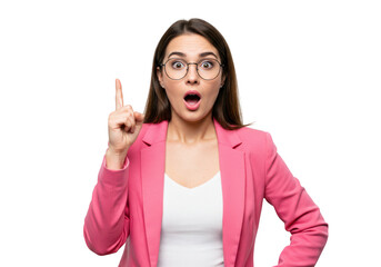 A surprised woman with glasses and a pink blazer points her finger up, indicating an idea, isolated on transparent background