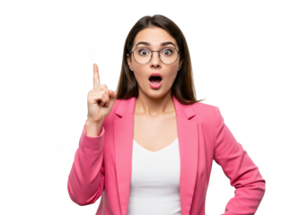 A surprised woman with glasses and a pink blazer points her finger up, indicating an idea, isolated on transparent background