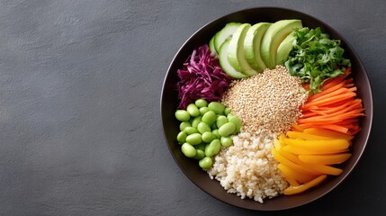 Fresh and Colorful Salad Bowl with Vibrant Vegetables and Quinoa on Gray Background