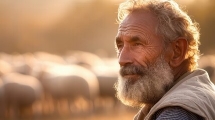Portrait of a seasoned shepherd overseeing his flock at sunset serenity