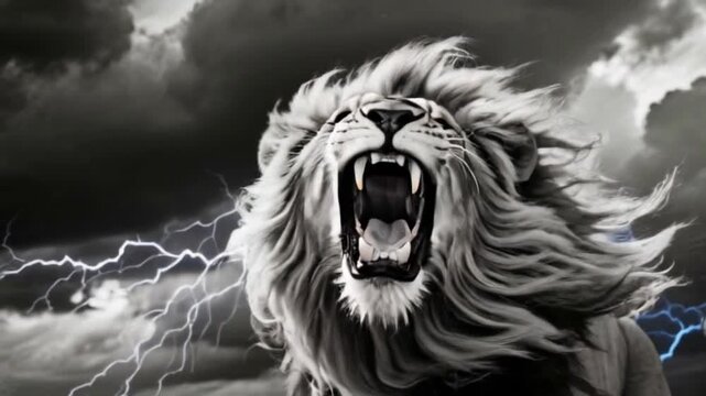 A black and white portrait of a roaring lion with its mane flowing in the wind, set against a dramatic storm-filled sky, perfect for lion day