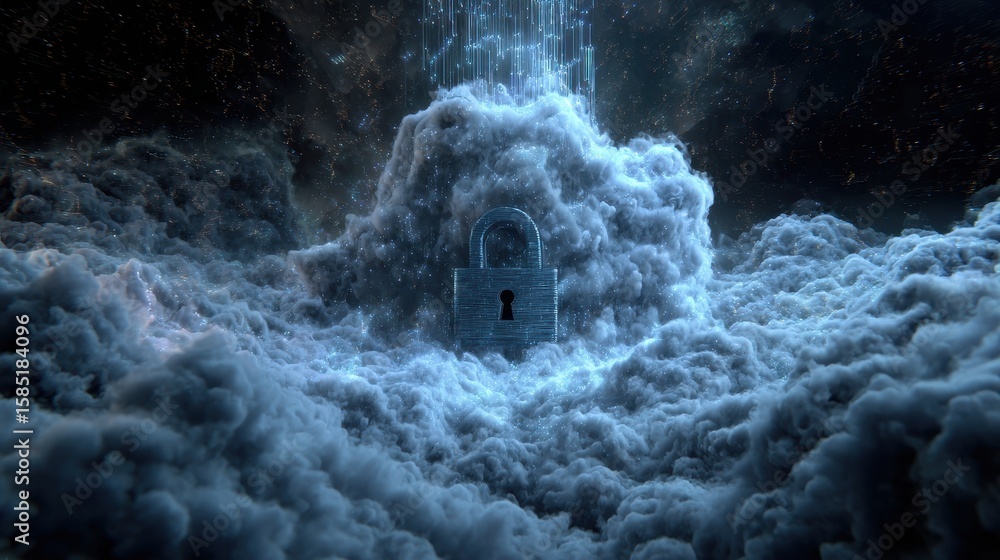 Poster cloud computing security with padlock on red cloud hovering over a dark, reflective surface