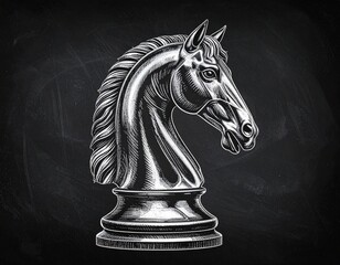 Chess piece, knight chalk drawing isolated on a blackboard, modern illustration,  strategy, tactics, creativity, unconventional thinking, chivalry, nobility, honor, courage, protection, loyalty, guard