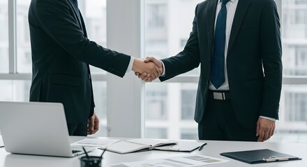 Two Business Professionals Shaking Hands During a Meeting at a Modern Office Workspace