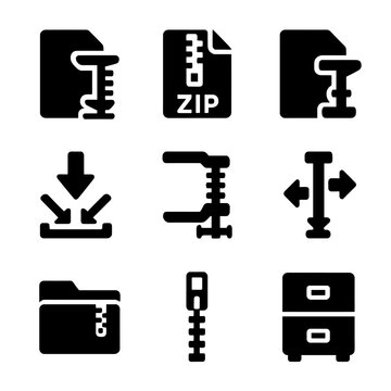 File Compression Icons. Solid style icons of file compression: compress file, ZIP archive, RAR file, decompress icon, file