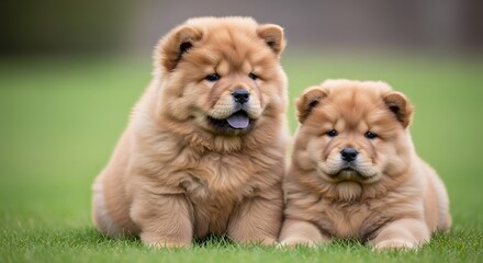 Fototapeta premium Two Adorable Puppies Sitting on Grass Looking Friendly