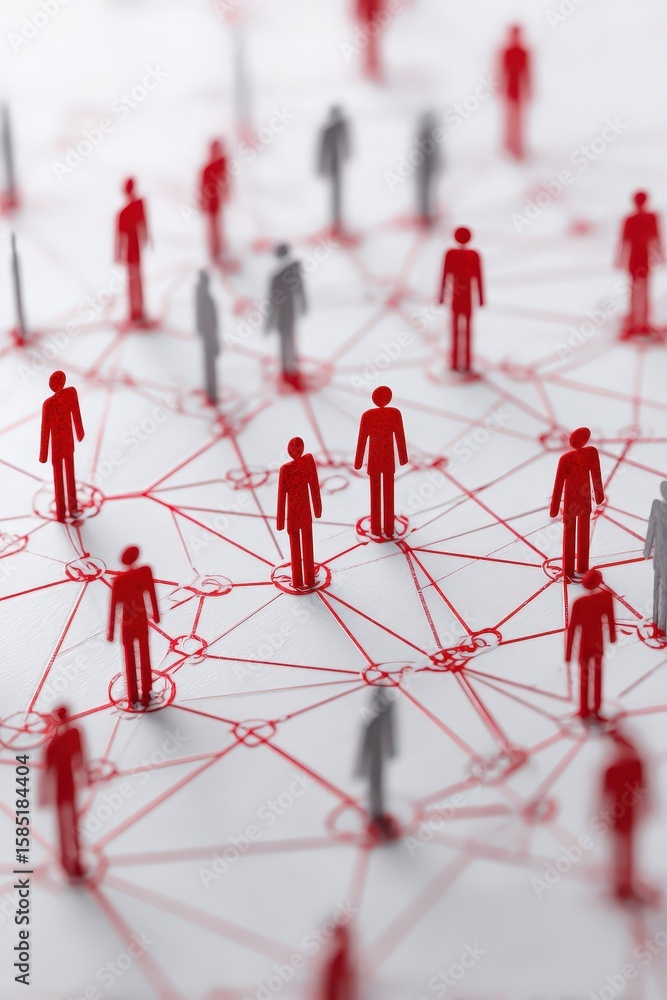 Poster red and gray human figure network model showing connections and communication