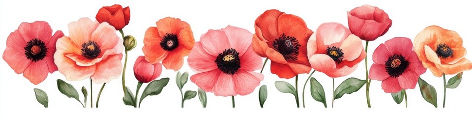 Elegant Watercolor Poppy Bouquet with Peach and Red Blooms for Invites and Botanical Decor