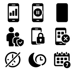 Screen Time Control Icons. Solid style icons of screen time control: mobile usage graph, notification pause, screen blackout,