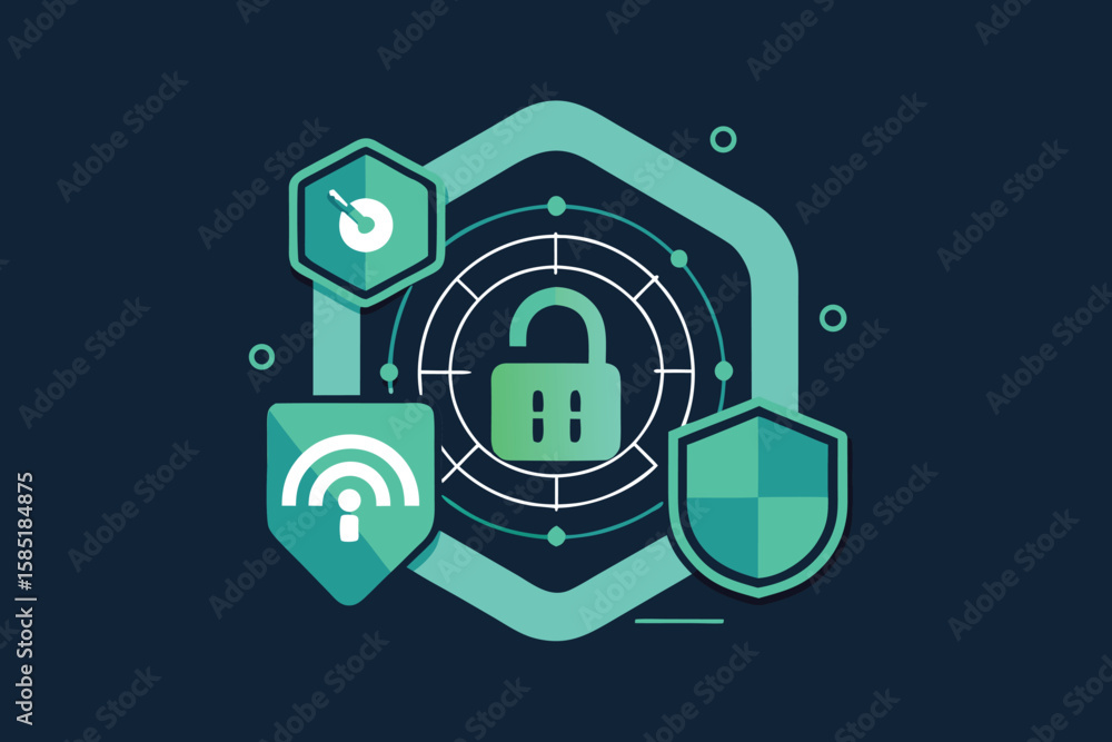 Poster modern abstract digital security concept with padlock shield and wireless signal icons