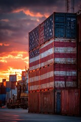 Stacked Shipping Containers Painted with American Flag Colors at Sunset in Industrial Port