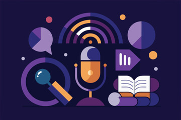 Podcast creation and online learning illustration featuring a microphone, book, and abstract design elements.