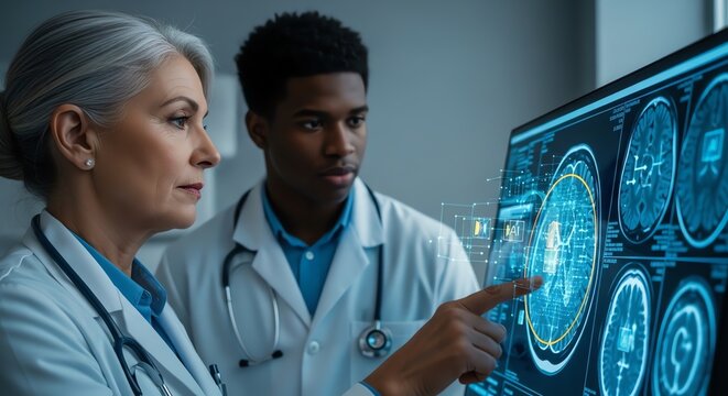 Brain Scan Analysis Doctors Analyzing Medical Data on Digital Display in Hospital