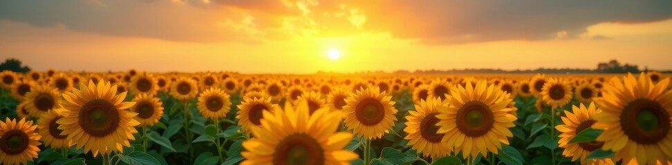 Fototapeta premium Massive sunflower field, heads tilting towards sun's rays , photography, rural, botanical