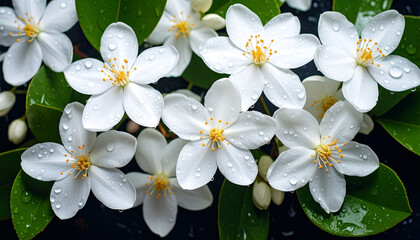 View of White Blossoming Flowers with Rain water droplets, rainy season concept