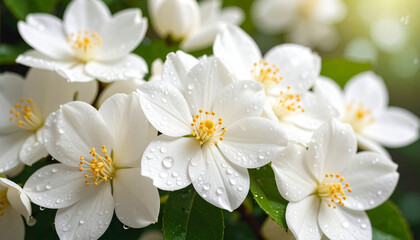 View of White Blossoming Flowers with Rain water droplets, rainy season concept