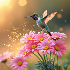 Fototapeta premium Hummingbird hovering among pink daisies in soft sunset light. 