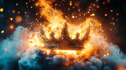 Fiery smoke engulfs a golden crown as it explodes in a dramatic display.