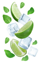 Lime, mint and floating ice cubes isolated on transparent background - mix of real and AI-generated elements.