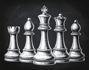 Chess pieces chalk drawing isolated on a blackboard, leadership, teamwork, simple modern illustration of business success, strategy, challenge, competition, team of king, queen, bishop, rook