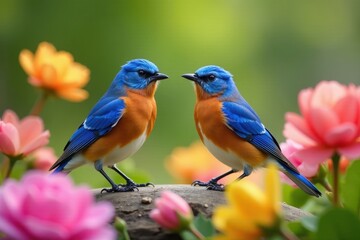 Pair of Eastern Bluebirds perched amidst colorful spring blooms , mating season, photography, wildlife photography