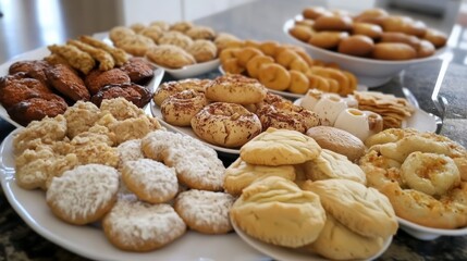Assorted cookies displayed on platters.