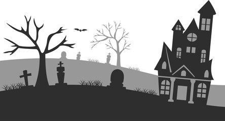 Halloween Castle with Graveyard and Tree Branches Illustration