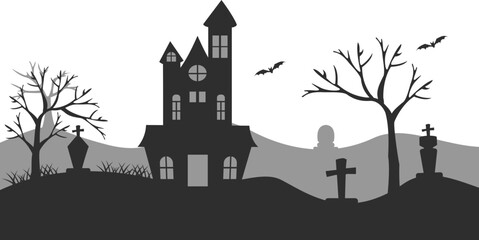 Halloween Castle with Graveyard and Tree Branches Illustration