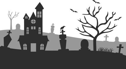Halloween Castle with Graveyard and Tree Branches Illustration