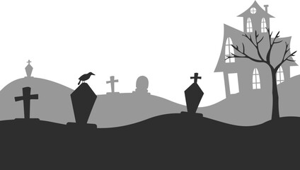 Halloween Castle with Graveyard and Tree Branches Illustration