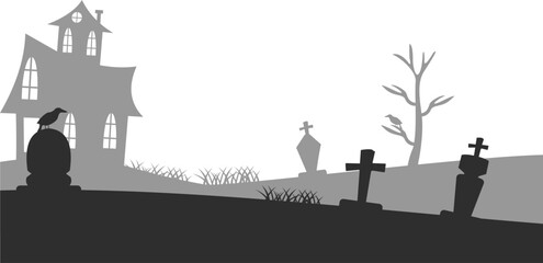 Halloween Castle with Graveyard and Tree Branches Illustration