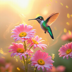 Fototapeta premium Hummingbird hovering among pink daisies in soft sunset light. 