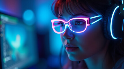 Young female cyber sportsman in glowing glasses and headset