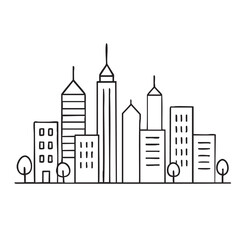 Fototapeta premium Minimalist Cityscape Illustration with Skyscrapers and Trees in Black and White Outline Style
