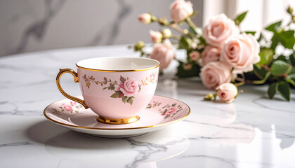Fototapeta premium Elegant Tea Time: A beautifully adorned teacup and saucer, adorned with delicate floral motifs, rests serenely on a marble surface, accompanied by a gentle arrangement of roses.