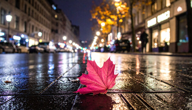 Urban Autumn Serenade: A vibrant crimson leaf lies upon the wet asphalt of a city street, reflecting the glow of streetlights in an atmospheric autumn scene.