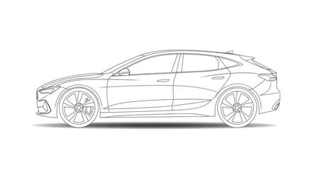 Side view line drawing of a sleek modern car with detailed wheels and aerodynamic design elements shown