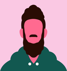Abstract male portrait. Faceless young man with beard, mustache. Blank face character, unknown user profile, modern style poster, wall art. Minimalistic head avatar. Flat vector illustration